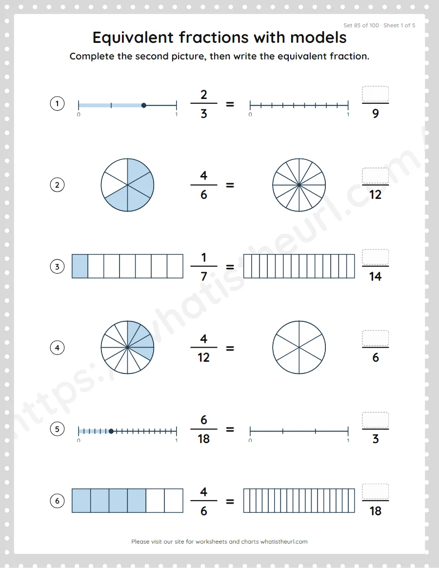 Grade 4 equivalent fractions with models worksheet, set 85