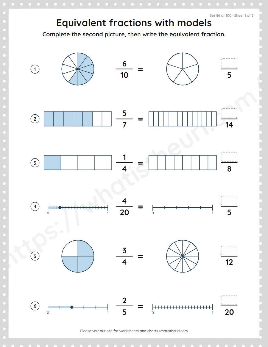 Grade 4 equivalent fractions with models worksheet, set 86