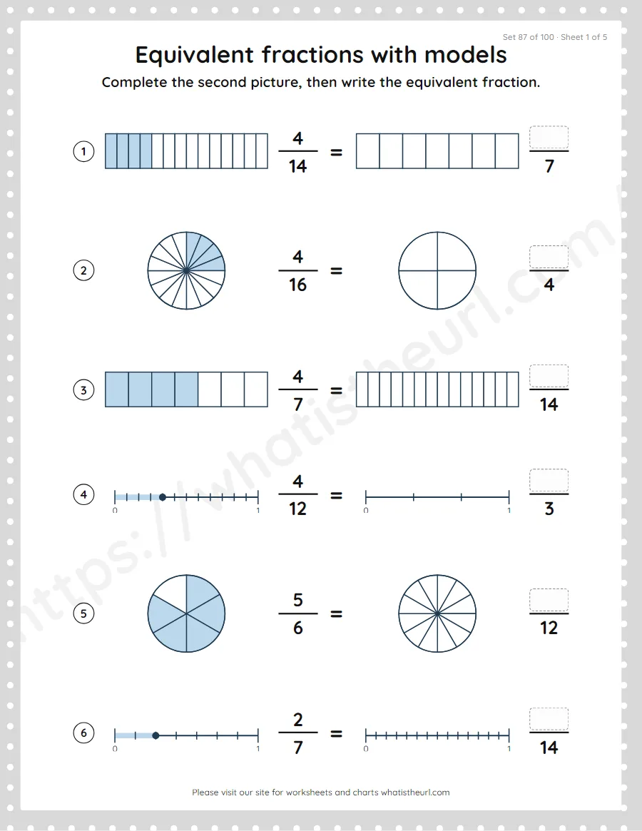 Grade 4 equivalent fractions with models worksheet, set 87