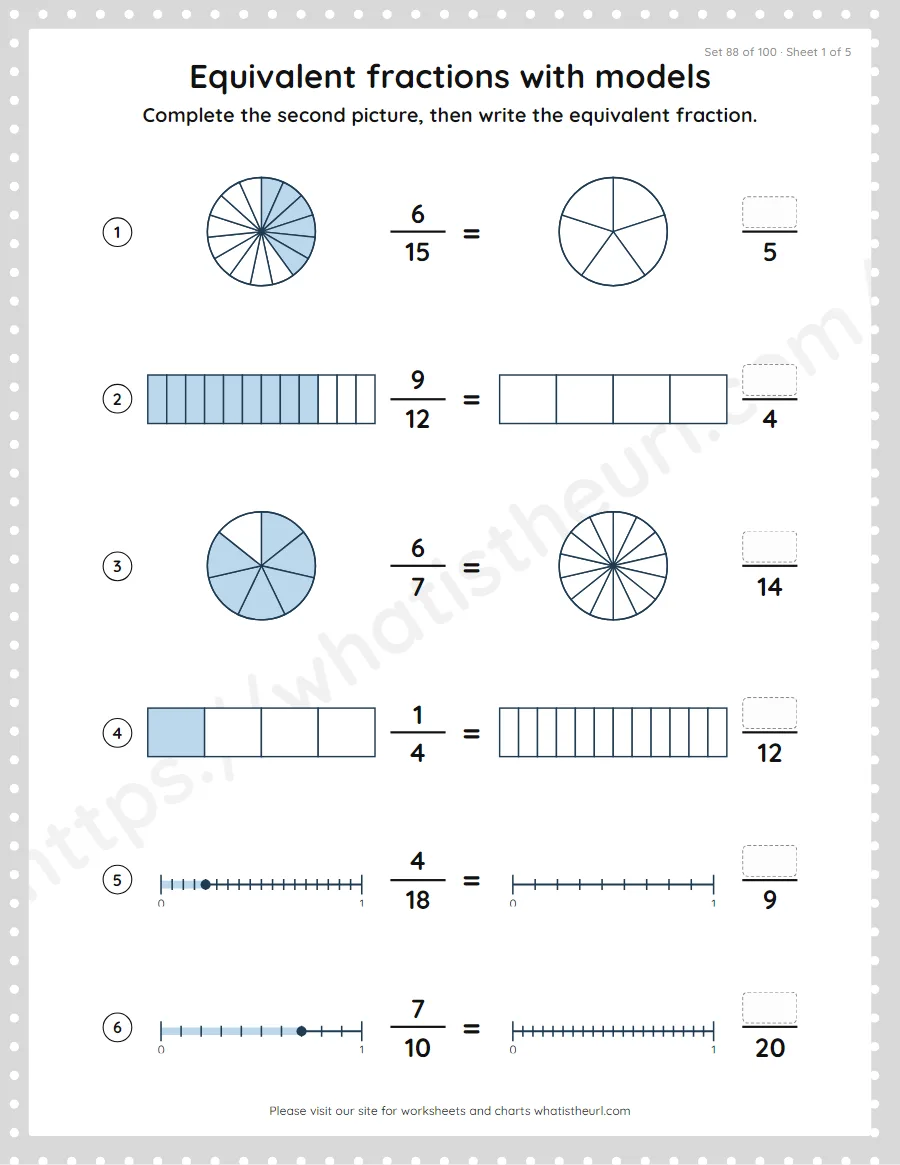 Grade 4 equivalent fractions with models worksheet, set 88