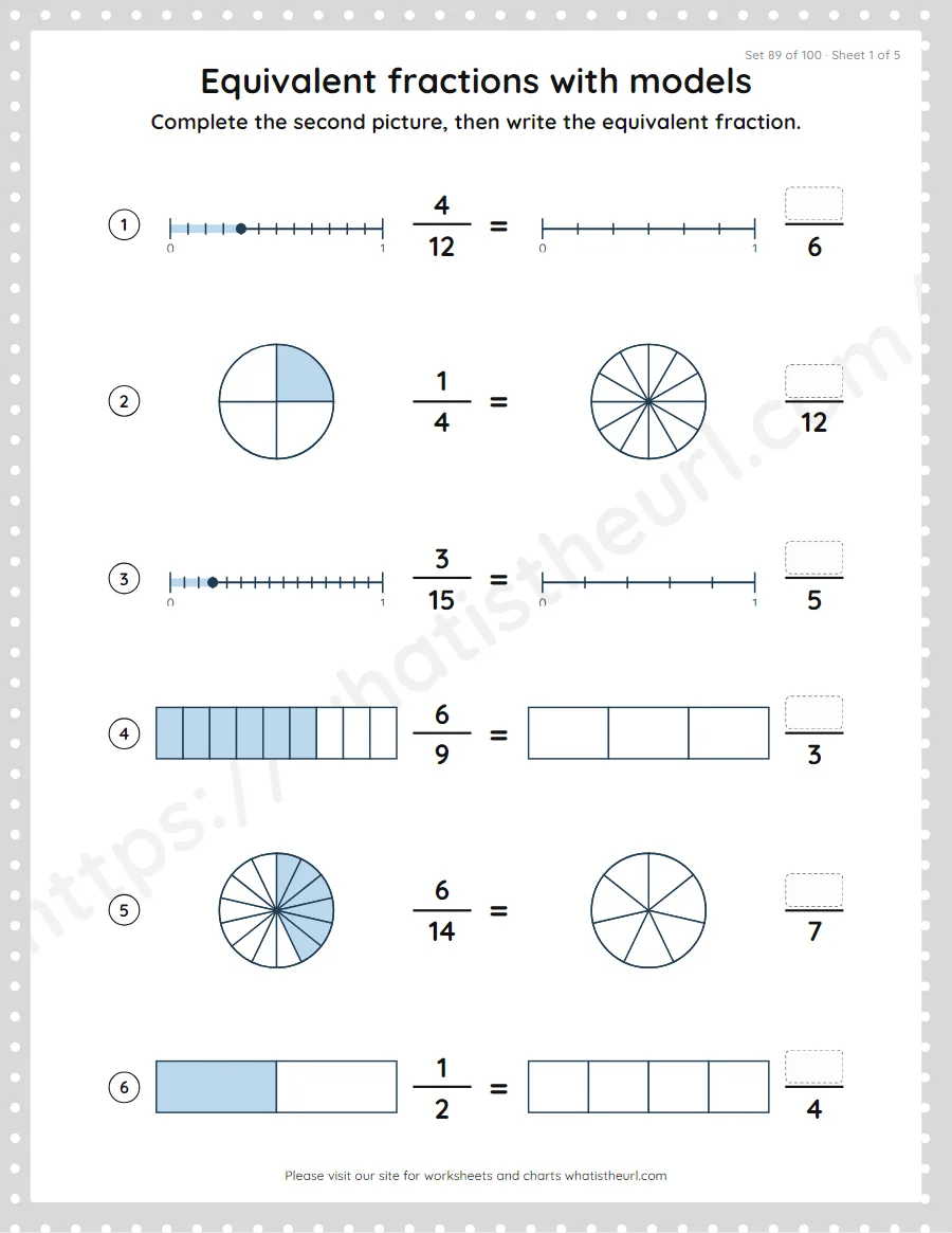Grade 4 equivalent fractions with models worksheet, set 89
