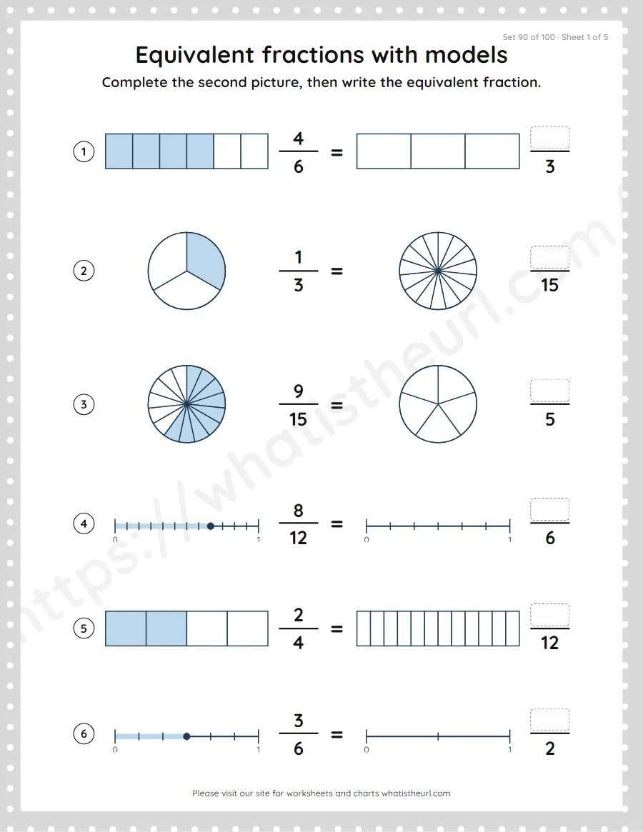 Grade 4 equivalent fractions with models worksheet, set 90