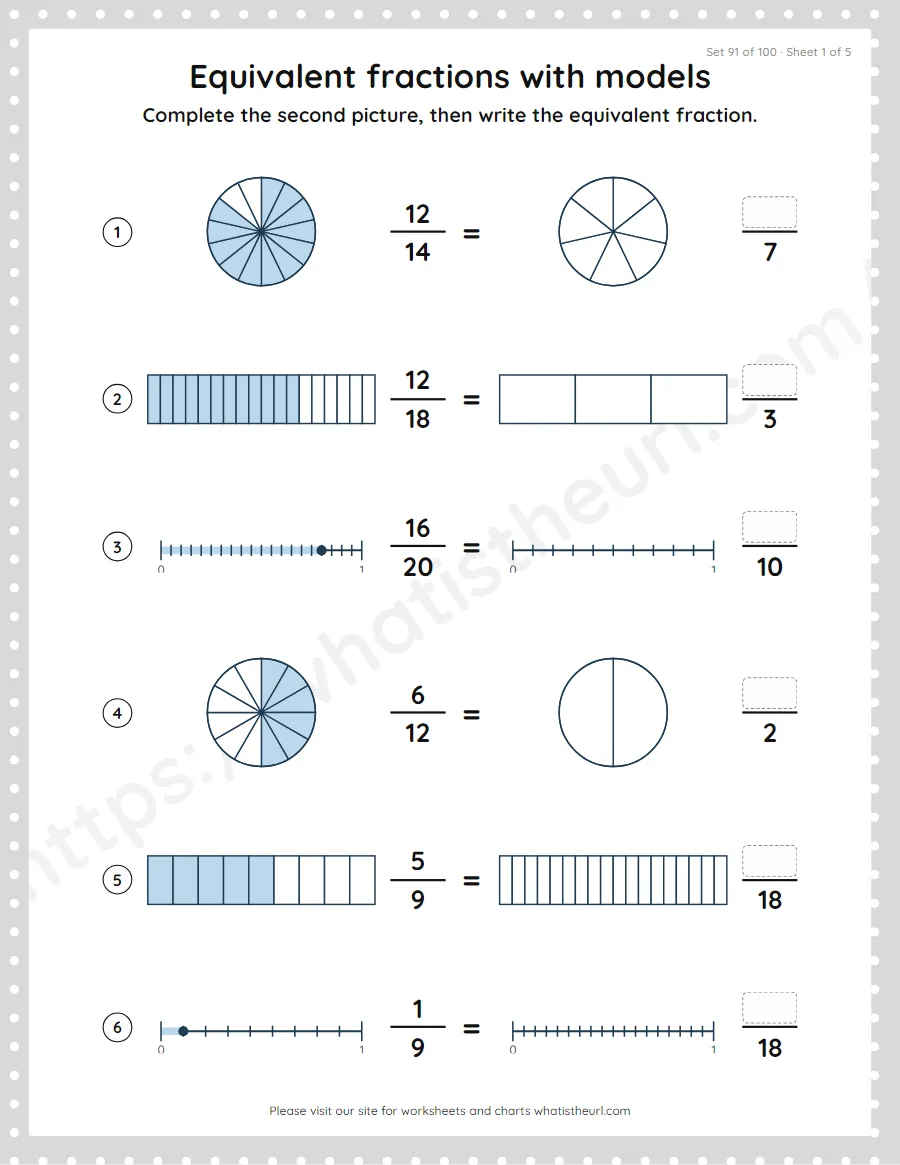 Grade 4 equivalent fractions with models worksheet, set 91