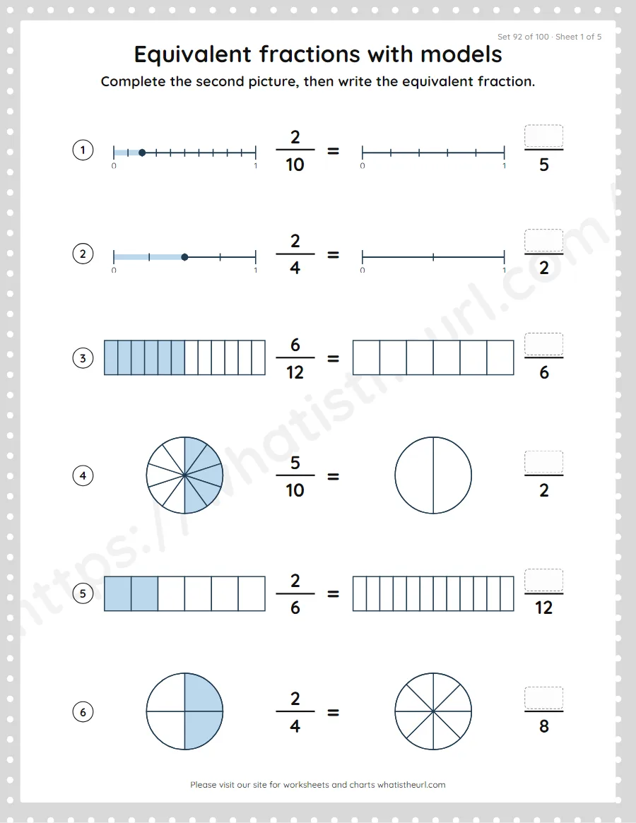 Grade 4 equivalent fractions with models worksheet, set 92