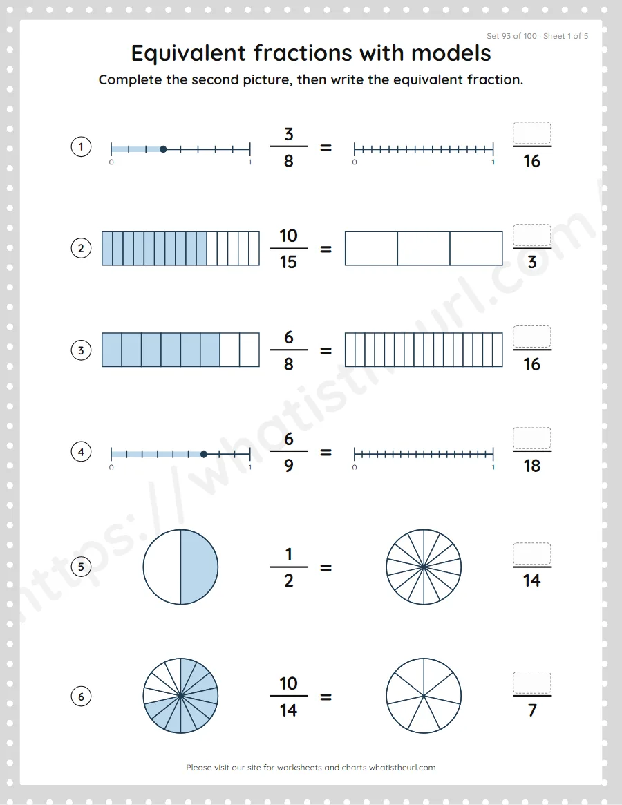 Grade 4 equivalent fractions with models worksheet, set 93