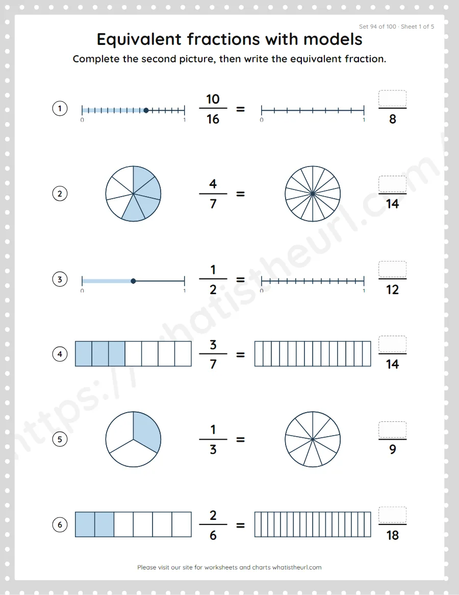 Grade 4 equivalent fractions with models worksheet, set 94