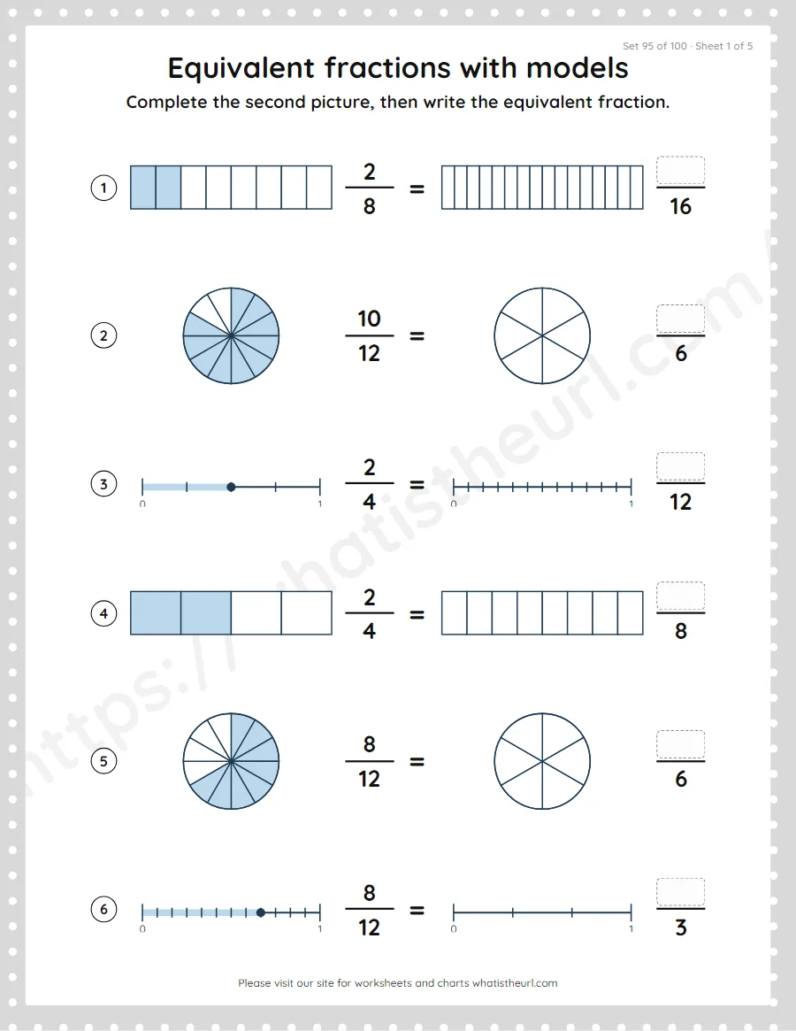 Grade 4 equivalent fractions with models worksheet, set 95