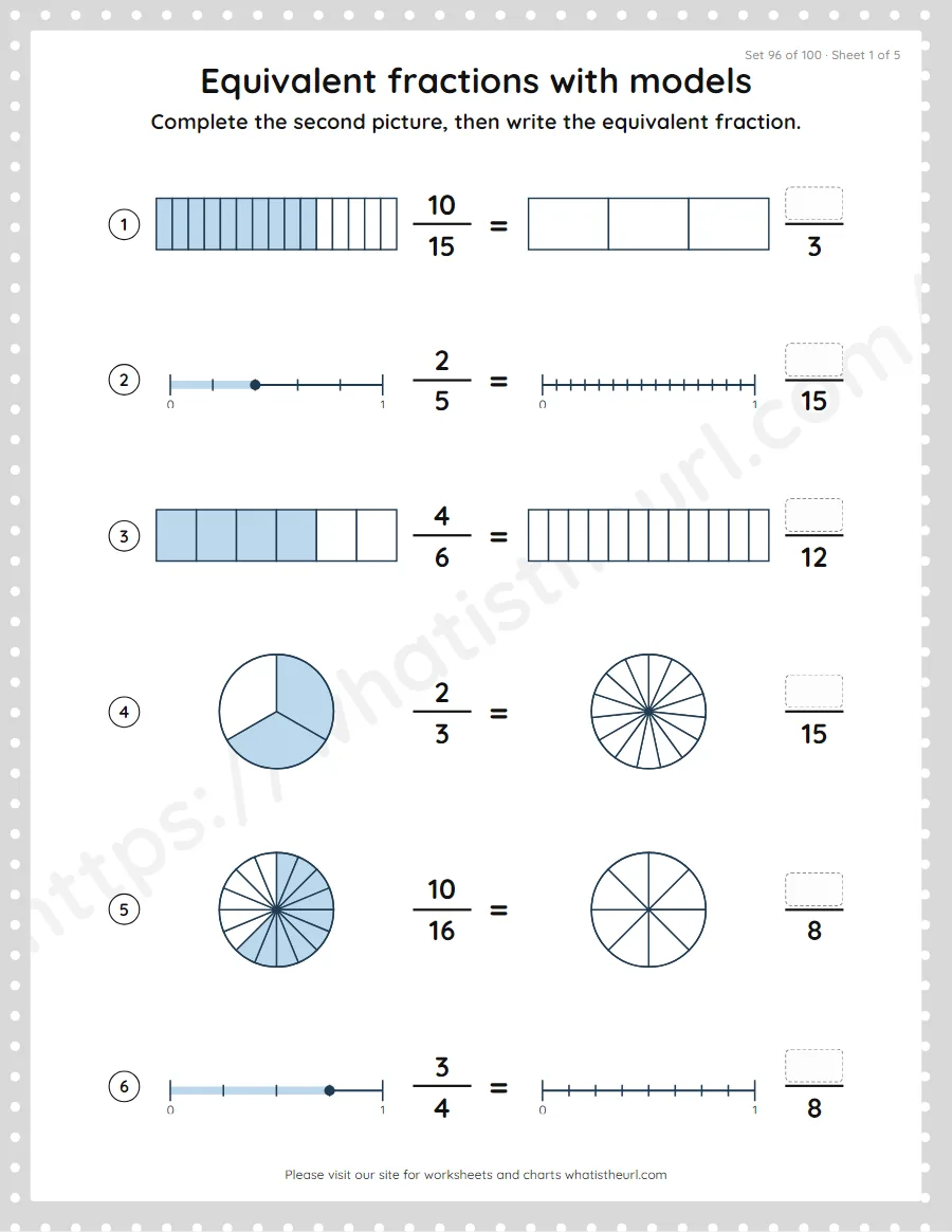 Grade 4 equivalent fractions with models worksheet, set 96