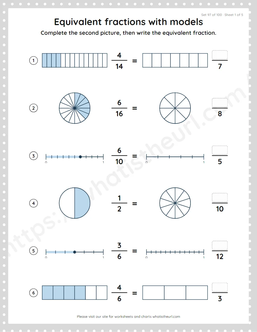 Grade 4 equivalent fractions with models worksheet, set 97