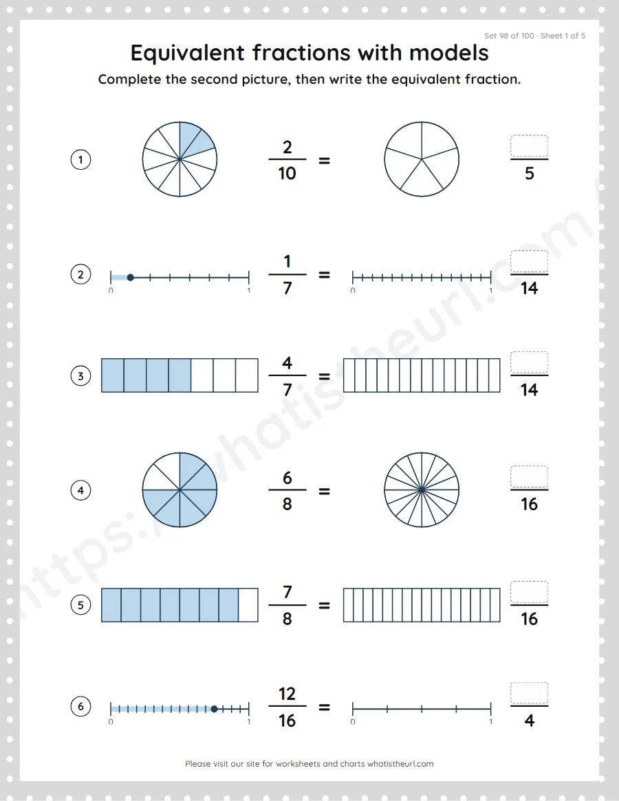 Grade 4 equivalent fractions with models worksheet, set 98
