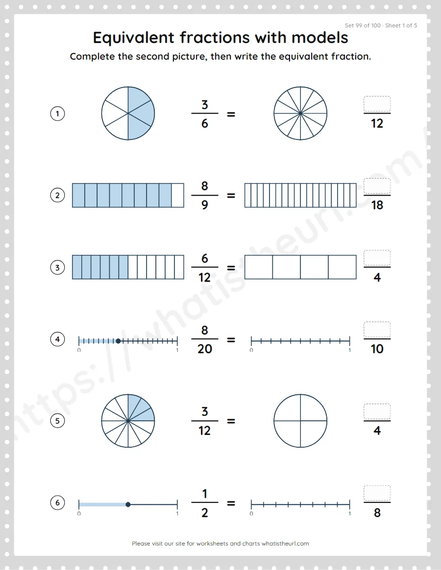 Grade 4 equivalent fractions with models worksheet, set 99