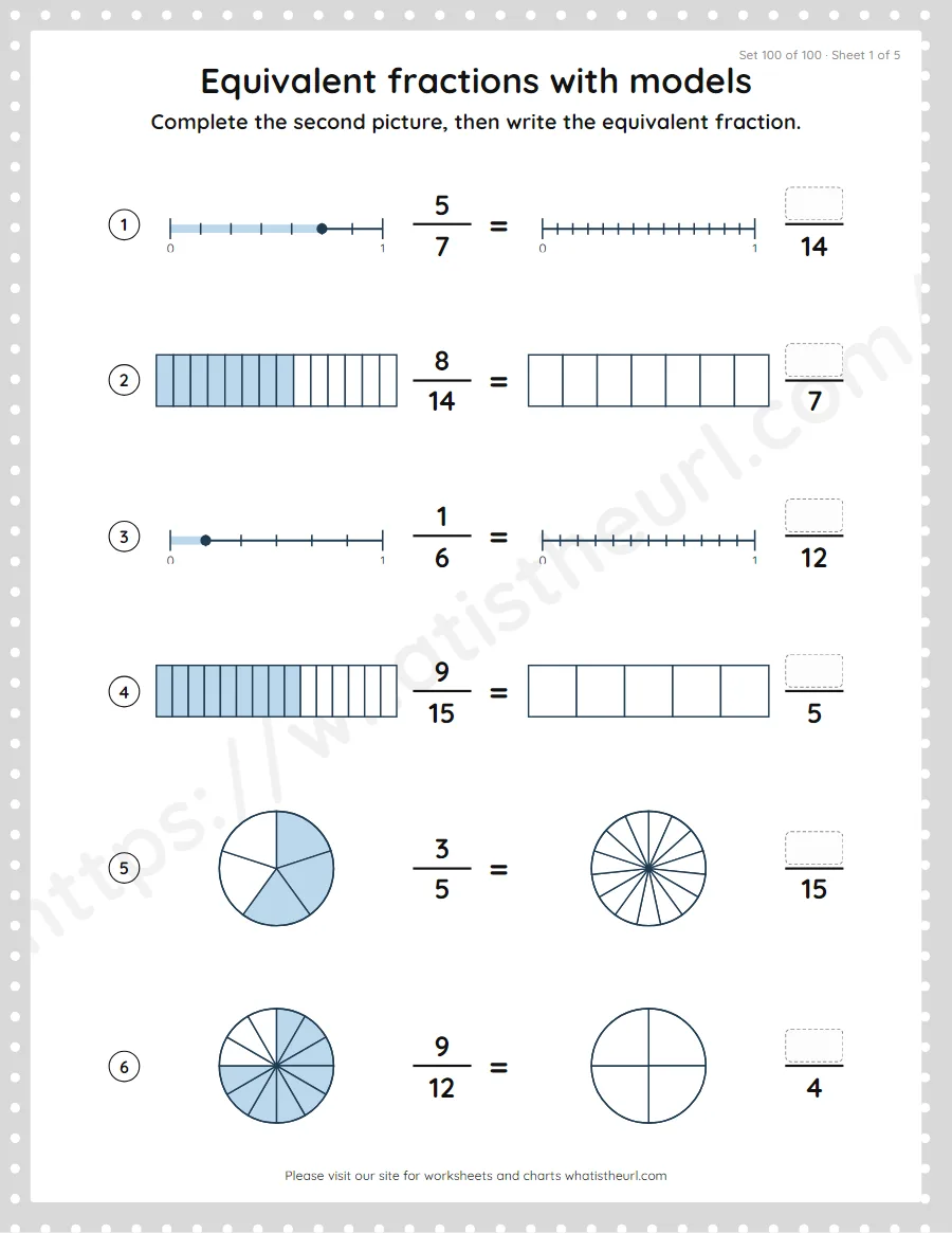 Grade 4 equivalent fractions with models worksheet, set 100