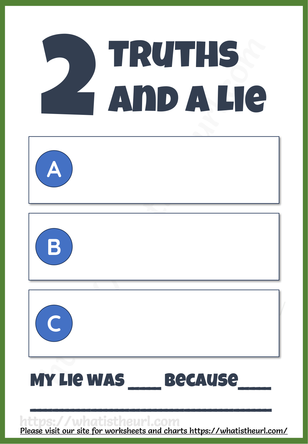 2 Truths and a Lie worksheet with boxes A, B and C and a line to explain the lie