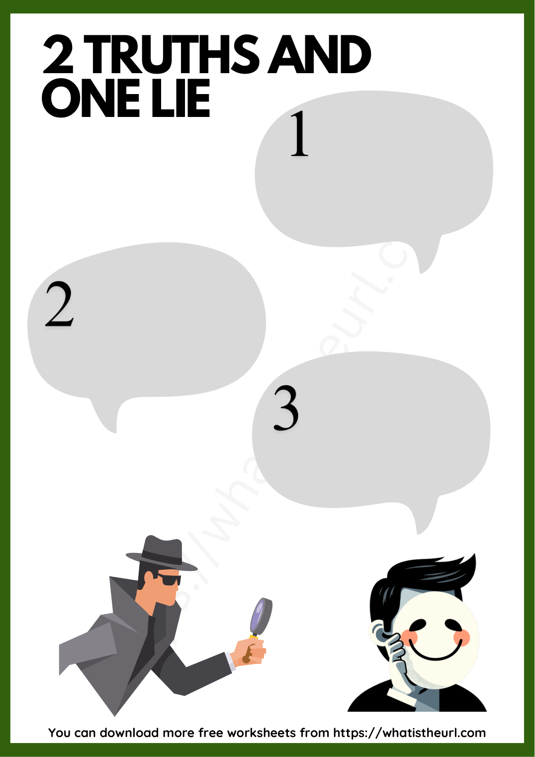 2 Truths and One Lie worksheet with three numbered speech bubbles