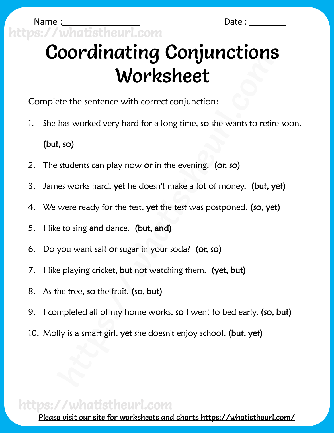 Answer key for the grade 1 conjunctions worksheet