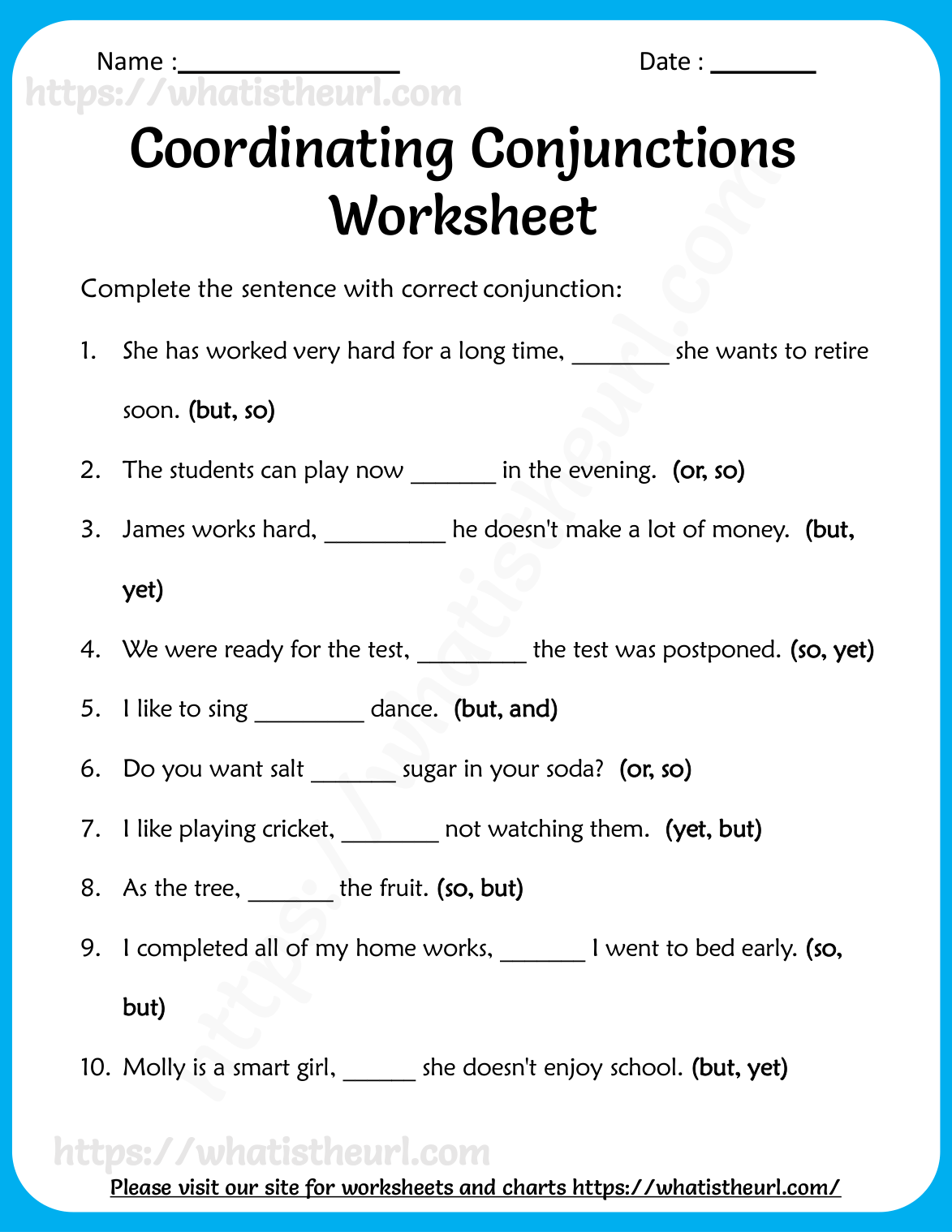 Conjunctions worksheet for grade 1 - ten sentences, choose and, but, or, so or yet