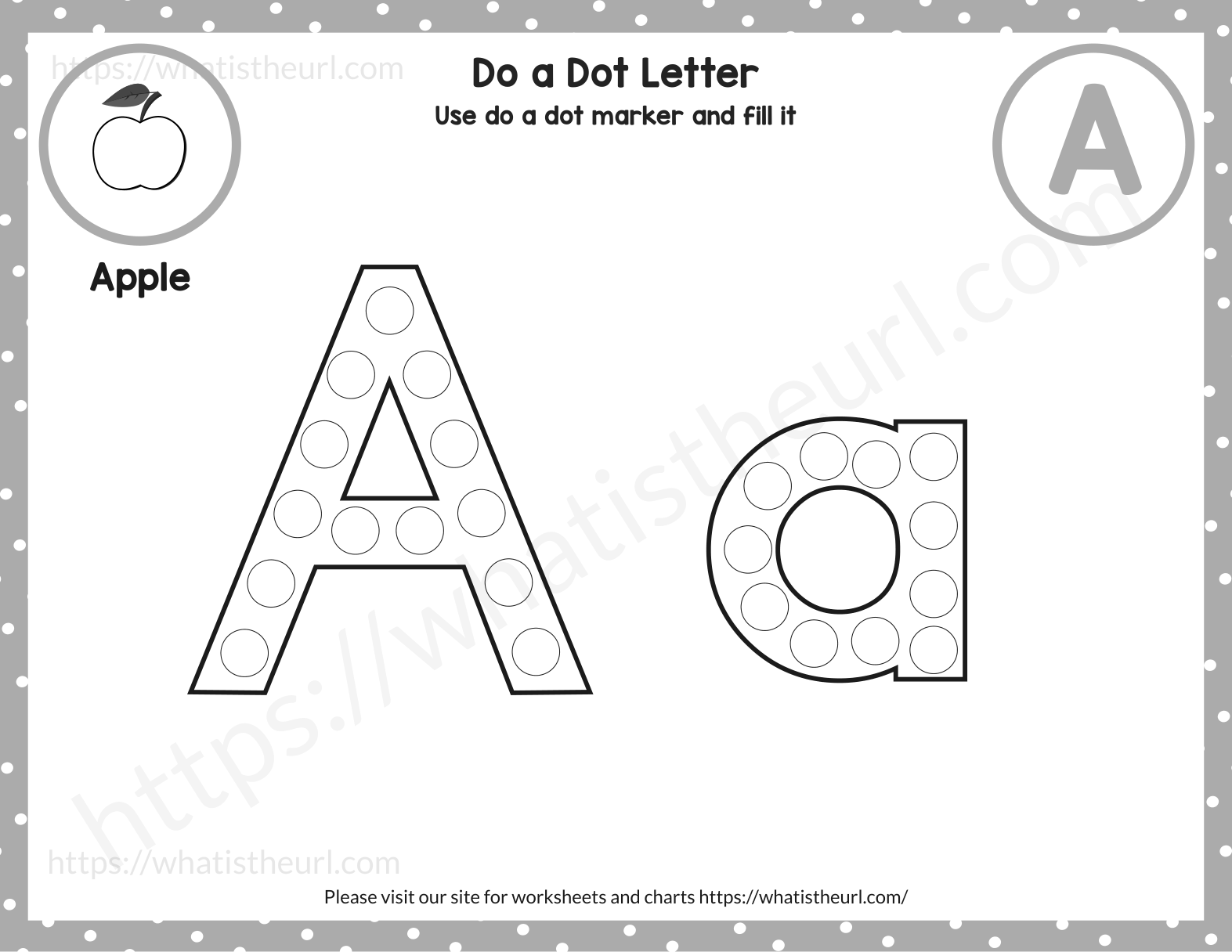 Do a dot letter A worksheet - A a with dot marker circles and Apple