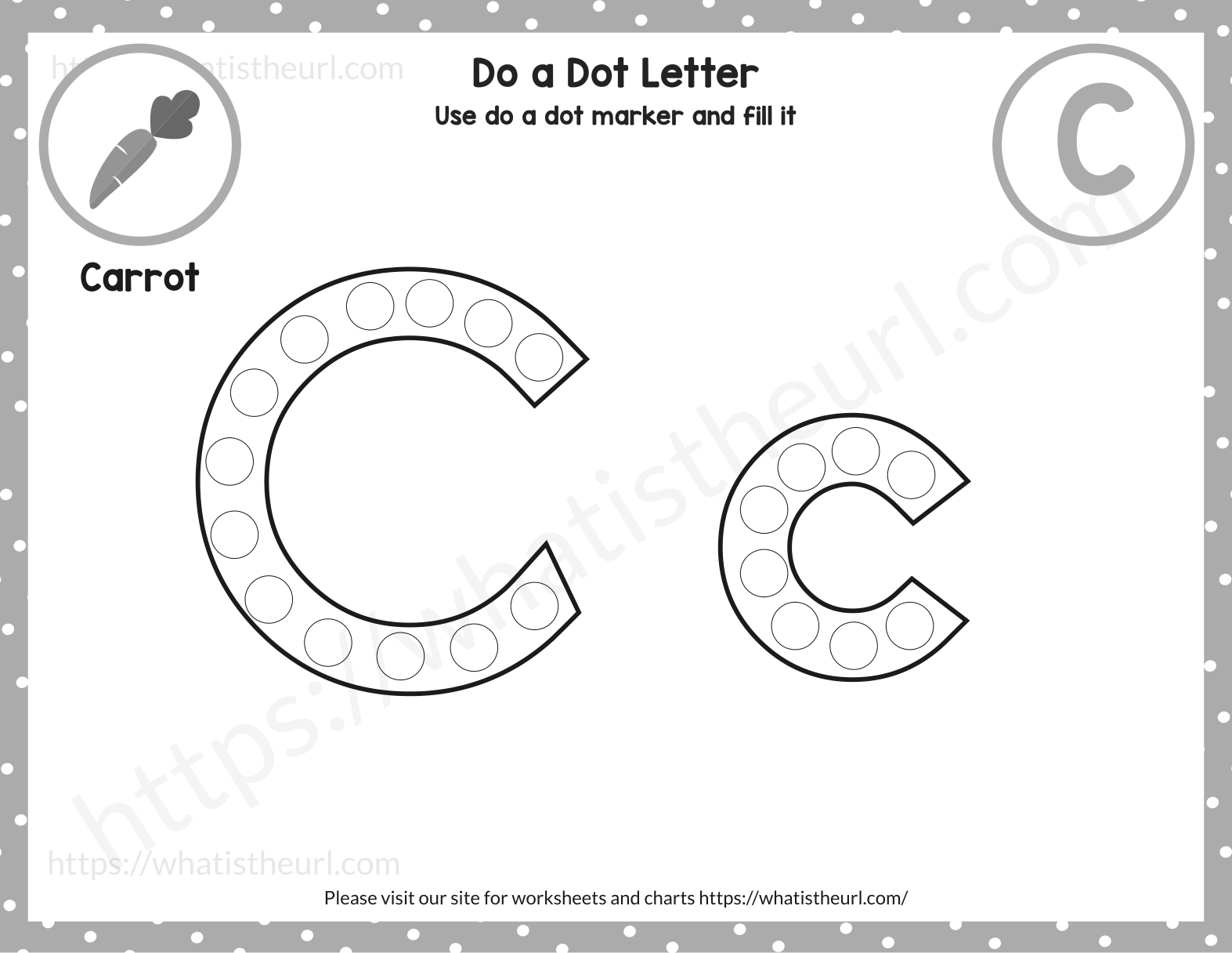 Do a dot letter C worksheet - C c with dot marker circles and Carrot