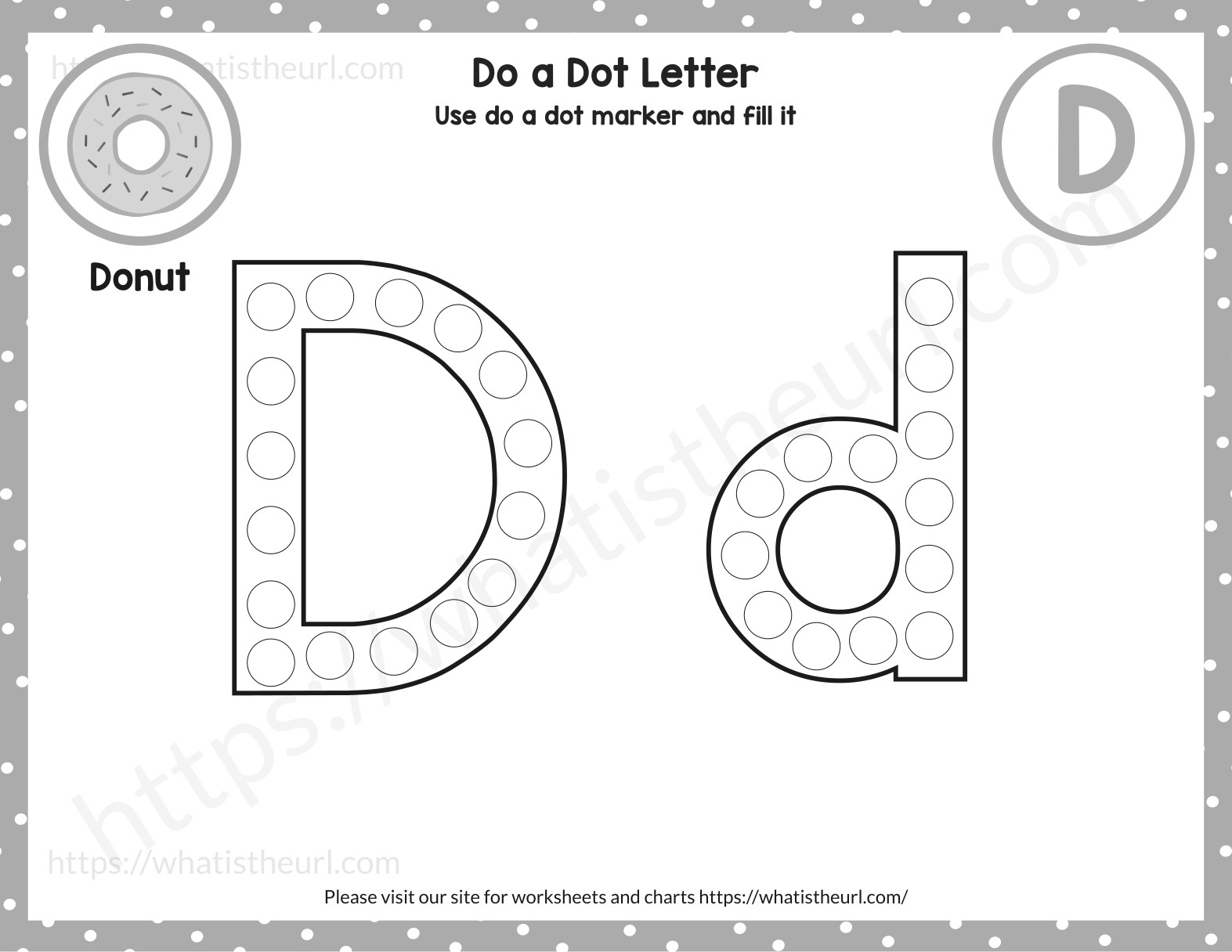 Do a dot letter D worksheet - D d with dot marker circles and Donut