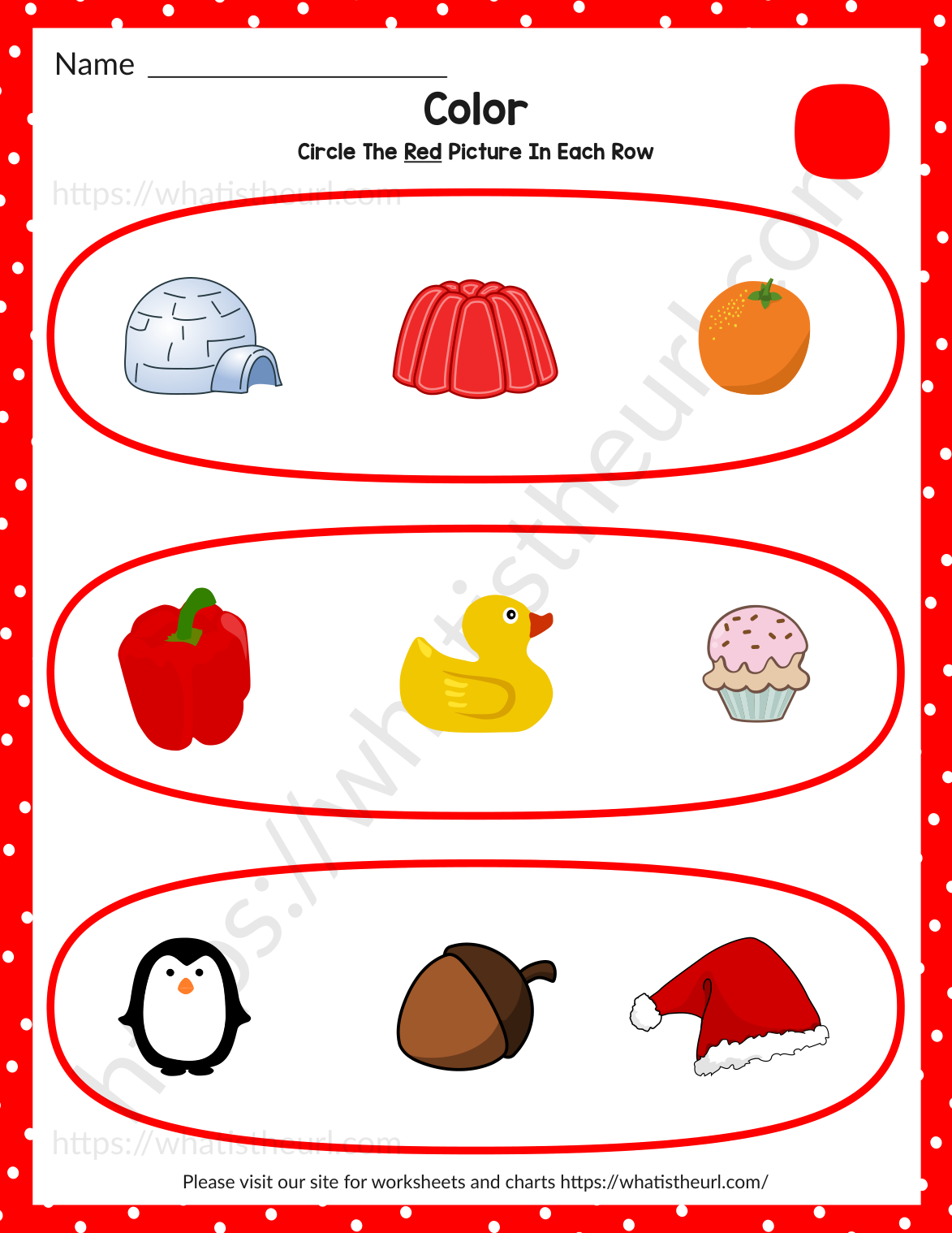 Circle the red picture in each row - igloo, jelly, orange; pepper, duck, cupcake; penguin, acorn, Santa hat