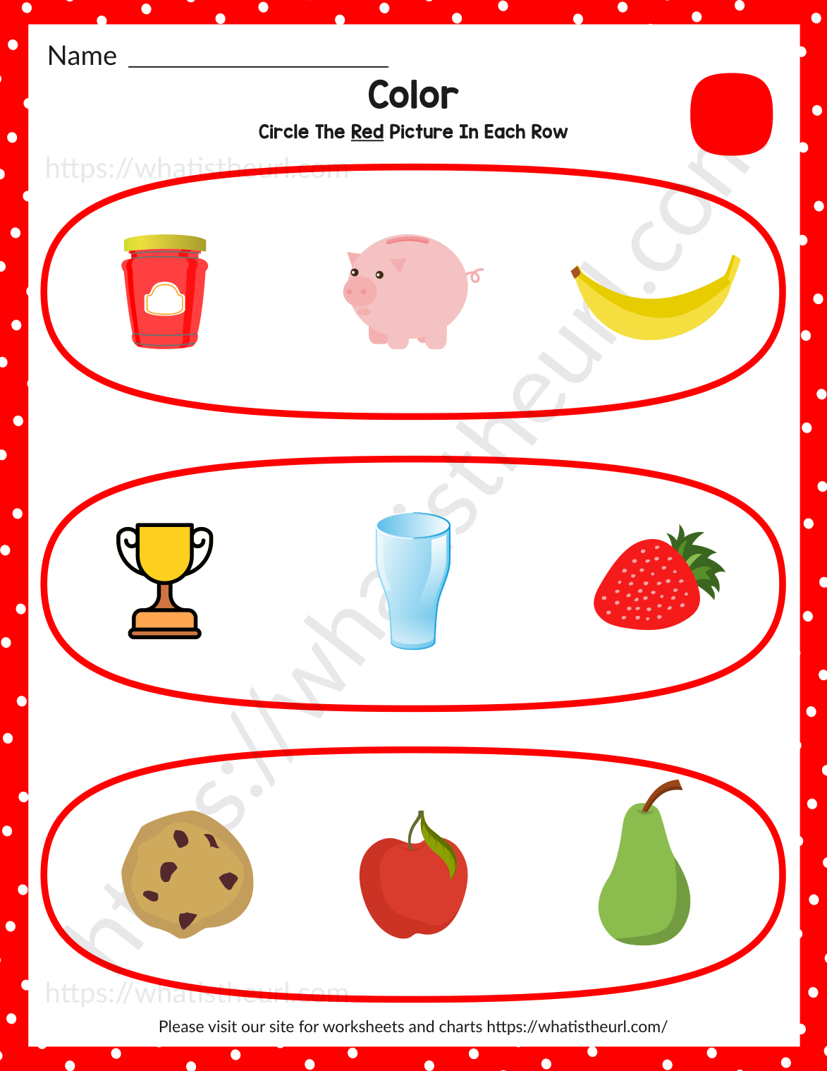 Circle the red picture in each row - jam, pig, banana; trophy, glass, strawberry; cookie, apple, pear
