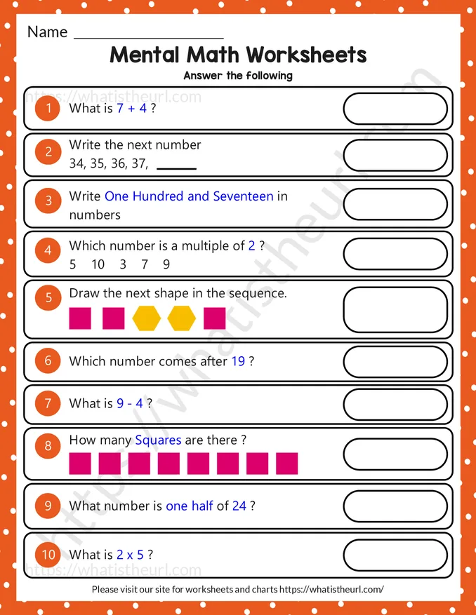 Mental Math Worksheets for Grade 1 worksheet preview Mental Math Worksheets for Grade 1 worksheet preview