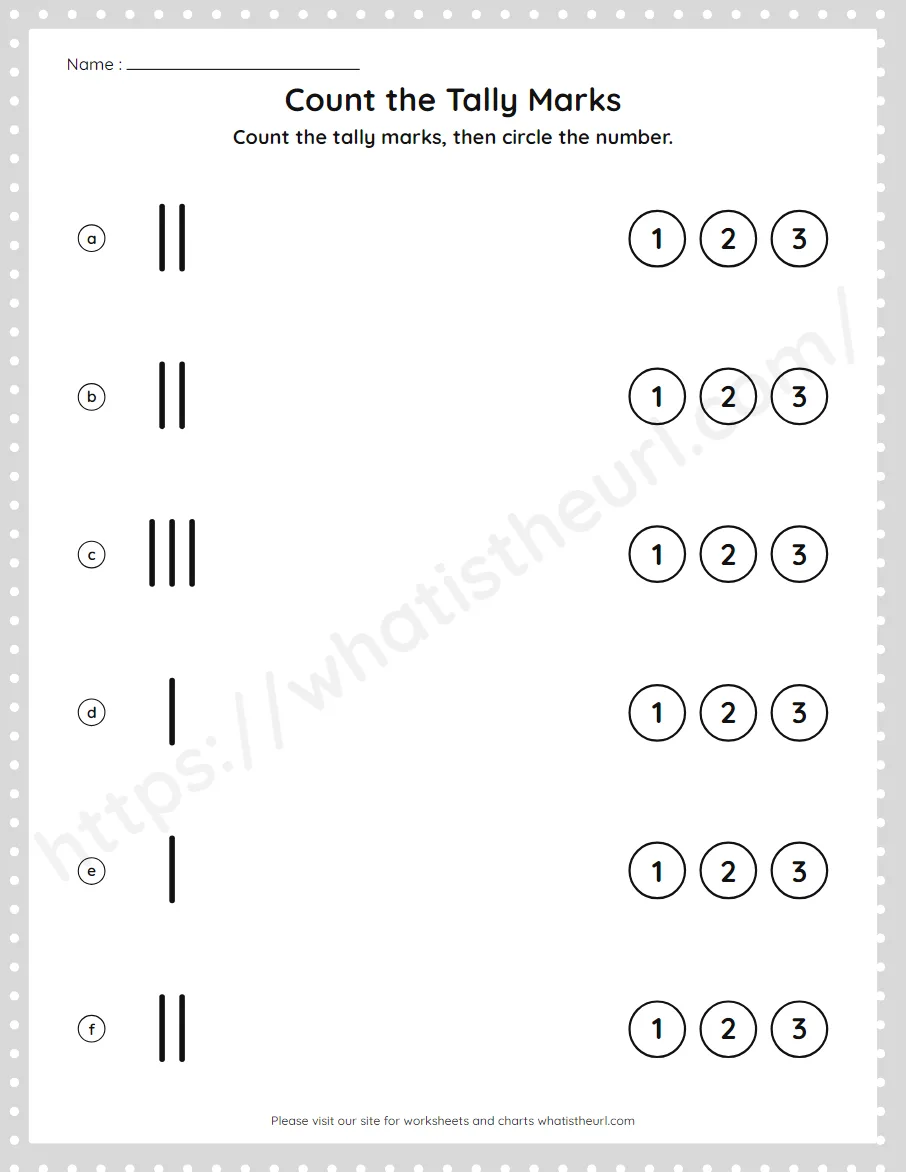Pre-K numbers 1 to 3 worksheet - count tally marks and circle the number - worksheet