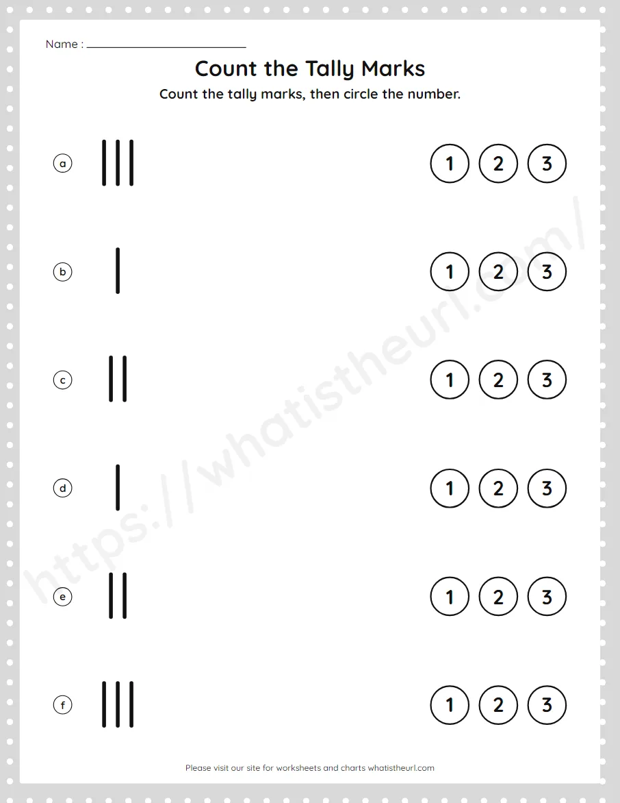 Pre-K numbers 1 to 3 worksheet - count tally marks and circle the number - worksheet