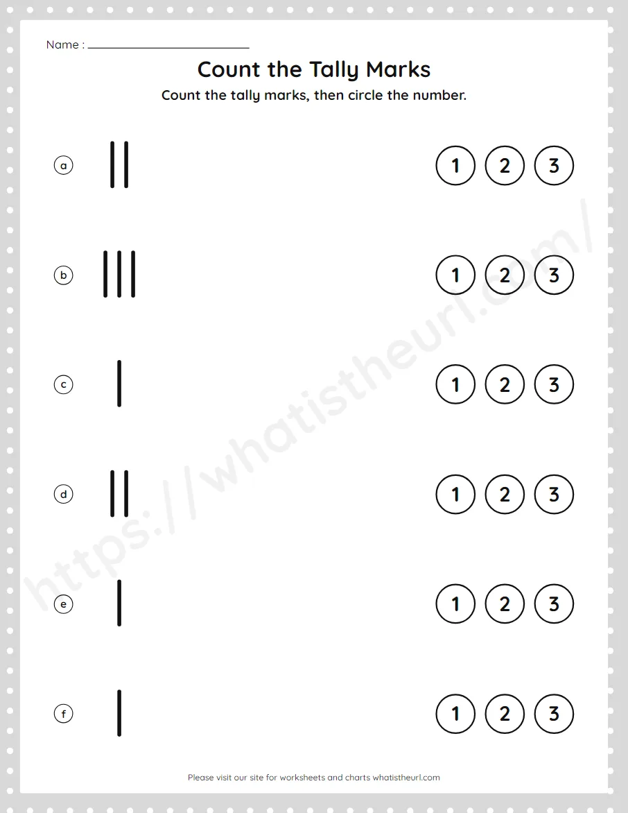 Pre-K numbers 1 to 3 worksheet - count tally marks and circle the number - worksheet