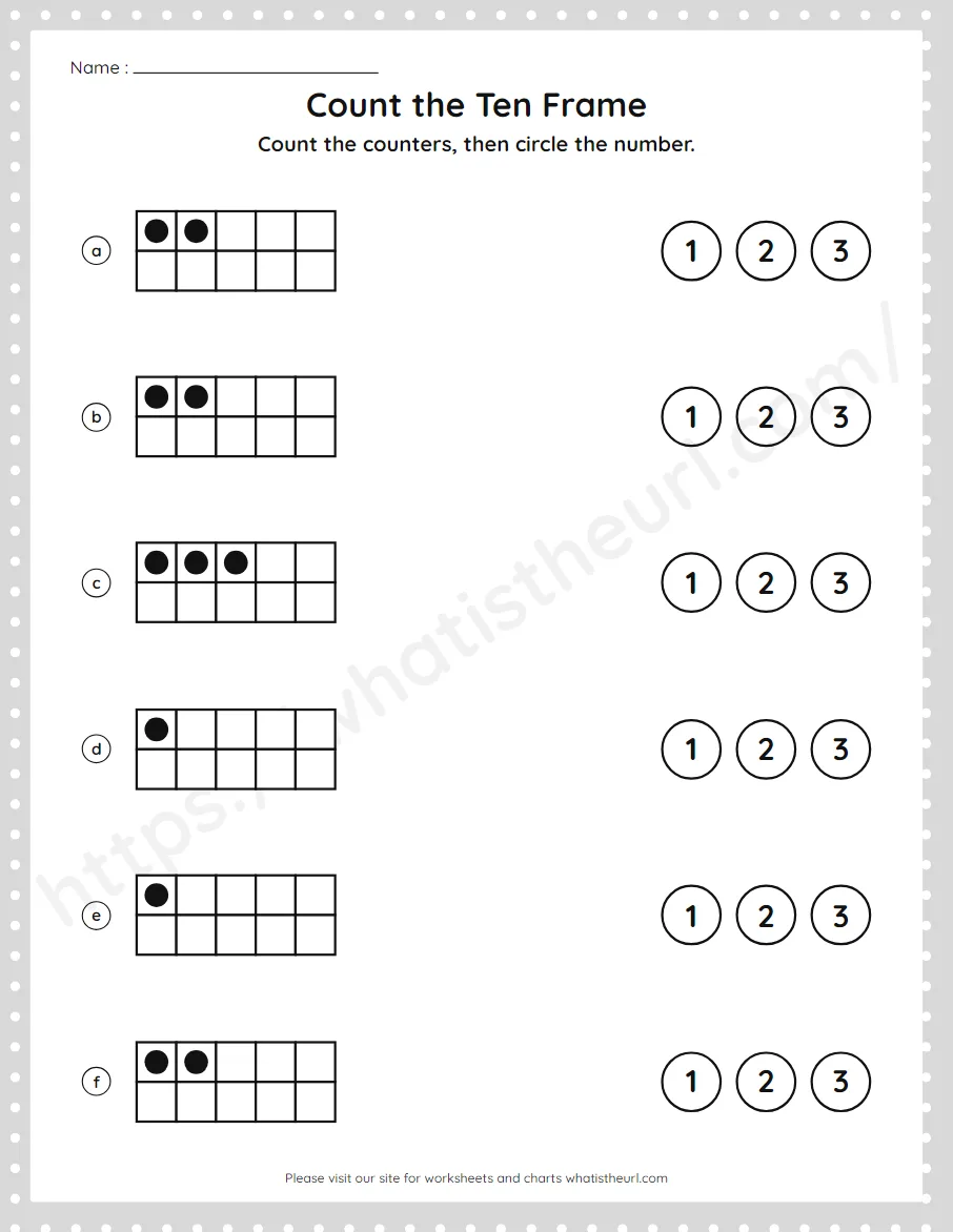Pre-K numbers 1 to 3 worksheet - count a ten frame and circle the number - worksheet