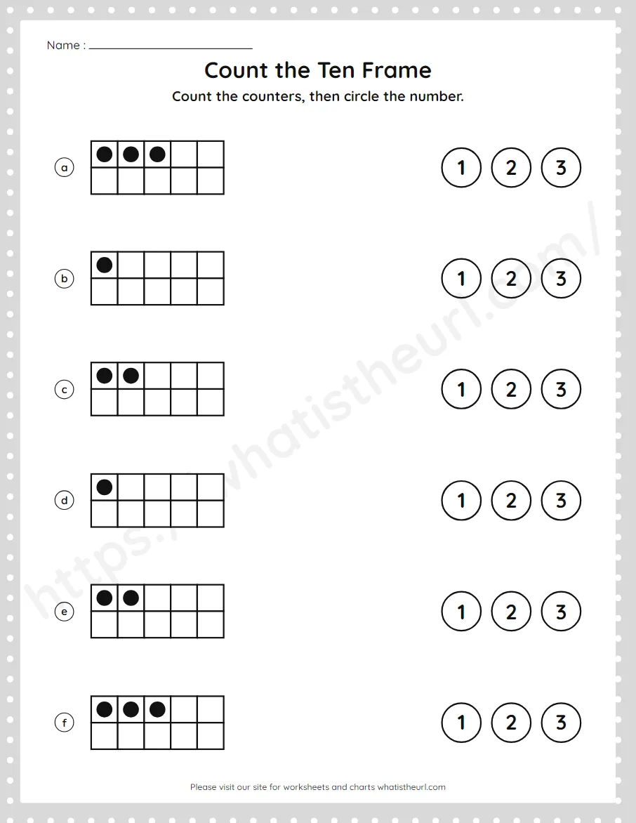 Pre-K numbers 1 to 3 worksheet - count a ten frame and circle the number - worksheet