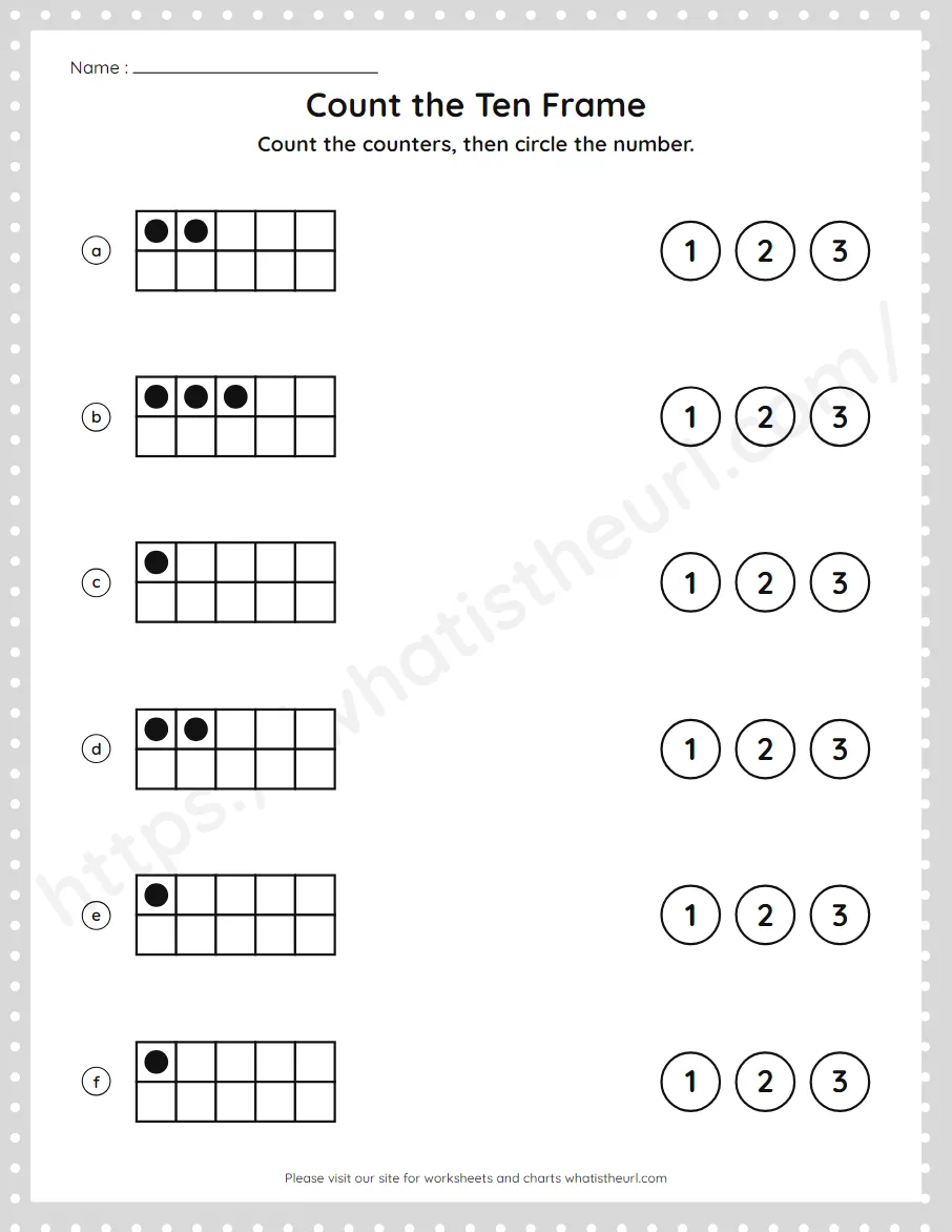 Pre-K numbers 1 to 3 worksheet - count a ten frame and circle the number - worksheet