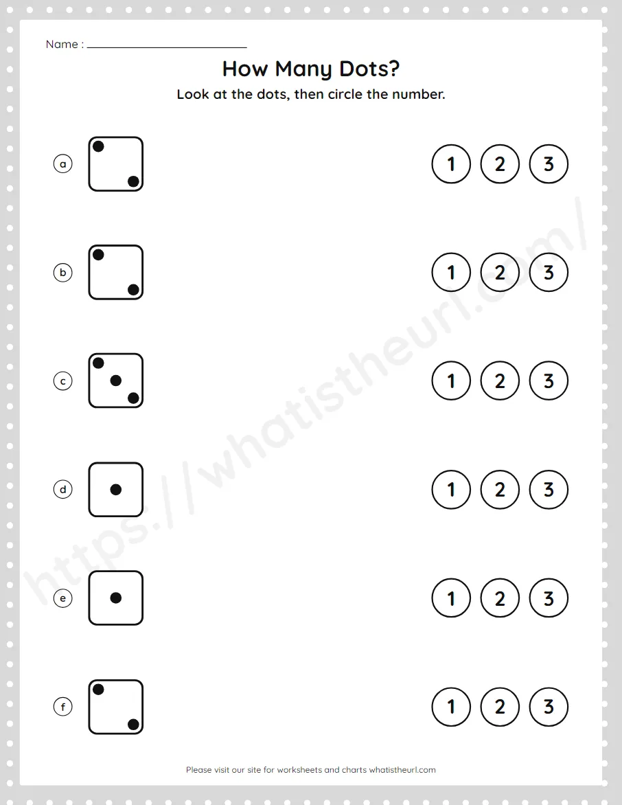 Pre-K numbers 1 to 3 worksheet - count a dice pattern and circle the number - worksheet