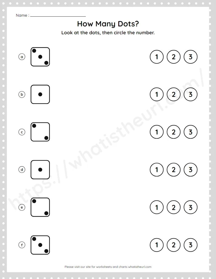 Pre-K numbers 1 to 3 worksheet - count a dice pattern and circle the number - worksheet