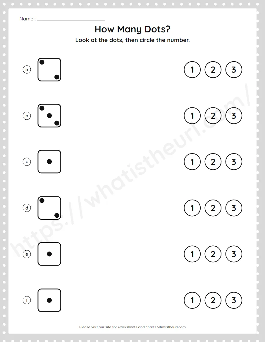 Pre-K numbers 1 to 3 worksheet - count a dice pattern and circle the number - worksheet