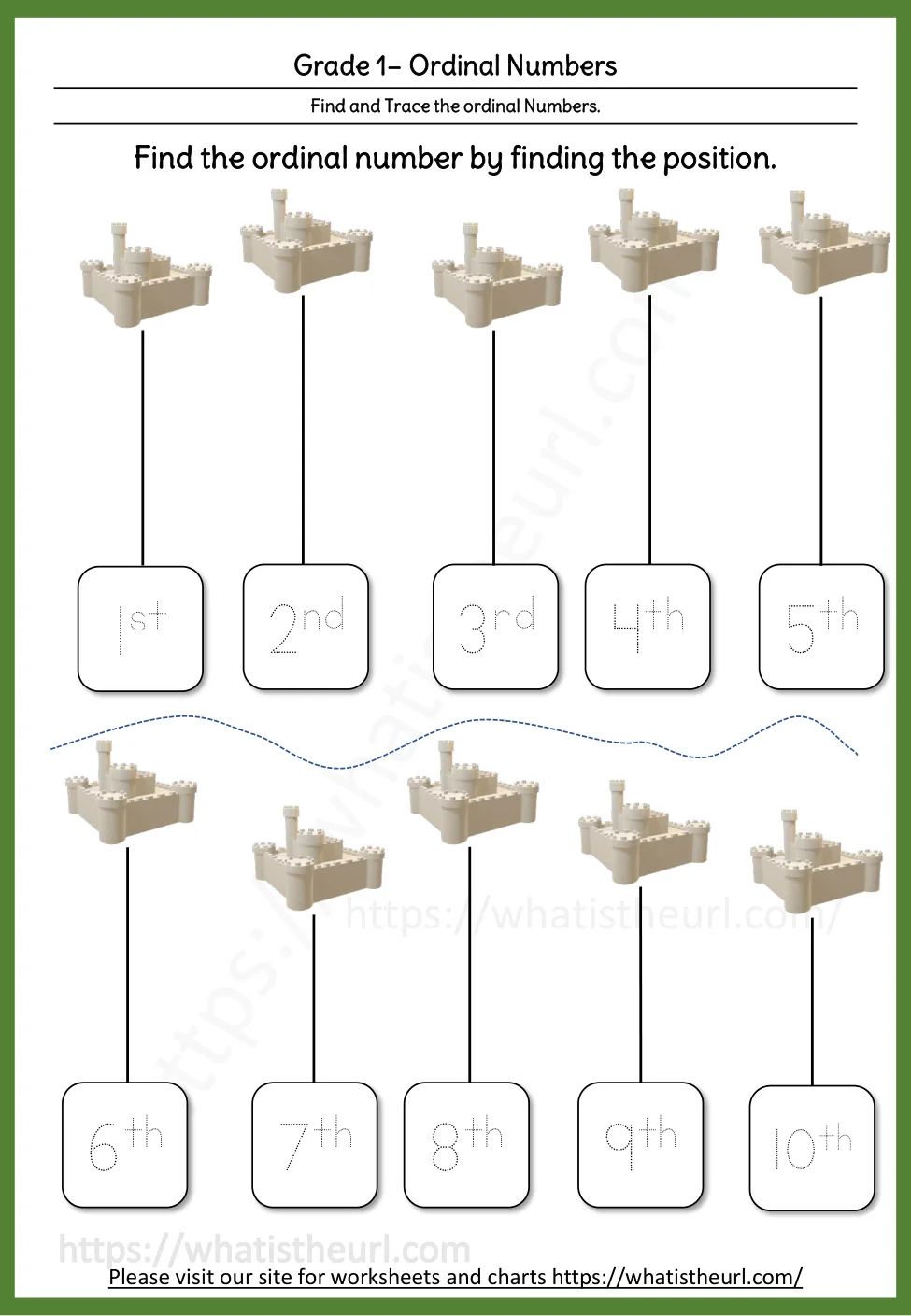 Grade 1 ordinal numbers worksheet - trace 1st to 10th with sandcastles