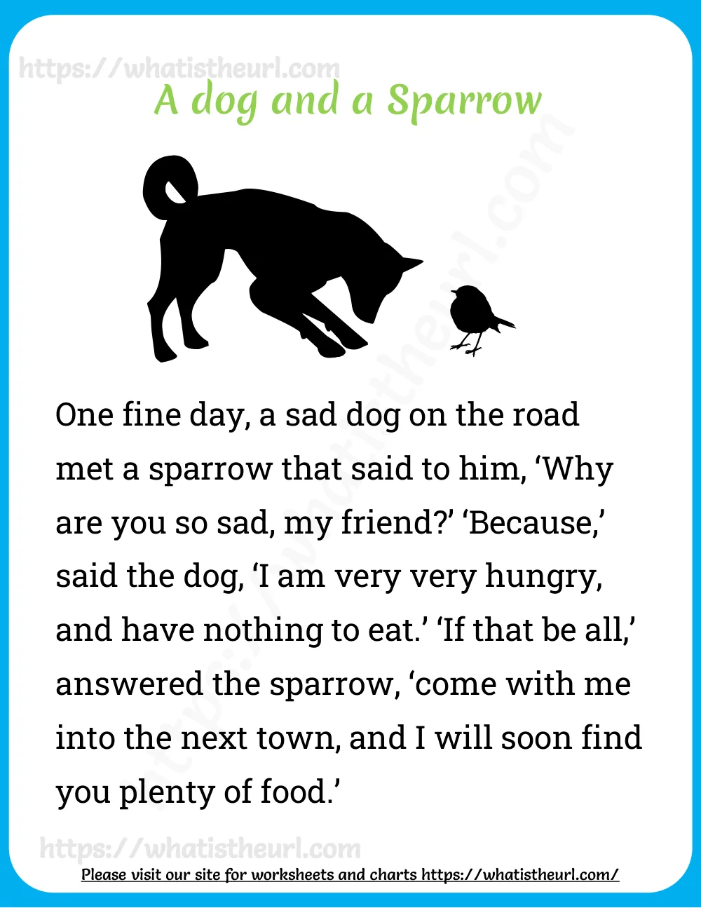 Grade 2 reading passage - A Dog and a Sparrow - short story opening to read and continue