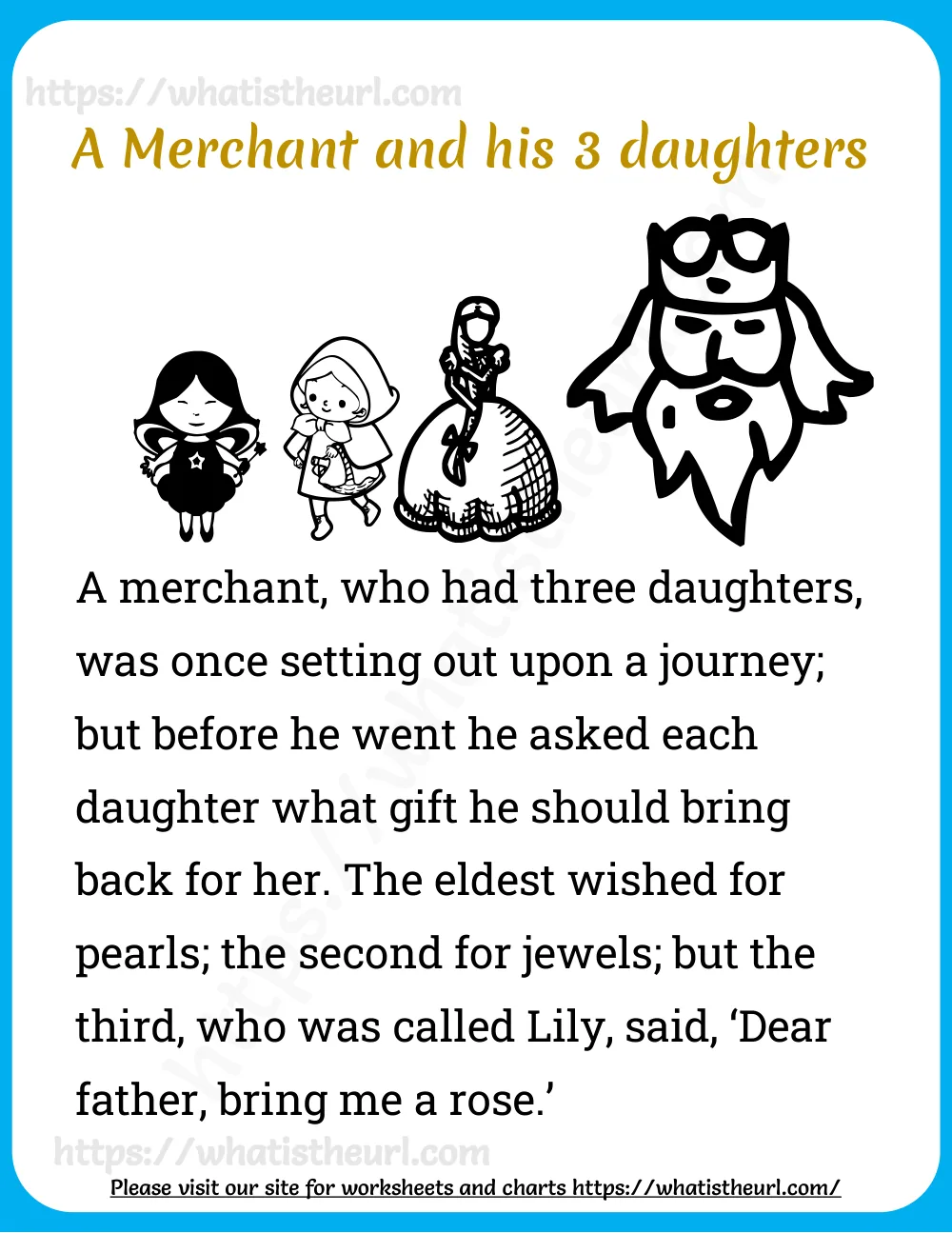 Grade 2 reading passage - A Merchant and His 3 Daughters - short story opening to read and continue