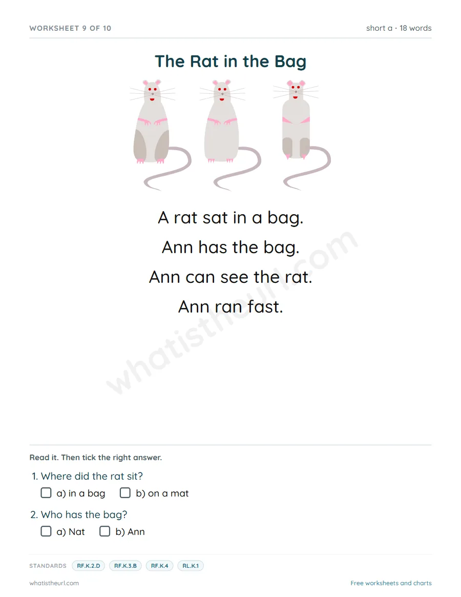 Kindergarten short a reading comprehension worksheet - The Rat in the Bag