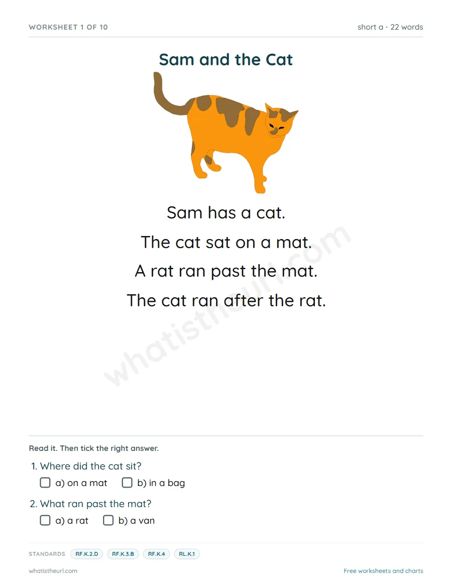 Kindergarten short a reading comprehension worksheet - Sam and the Cat