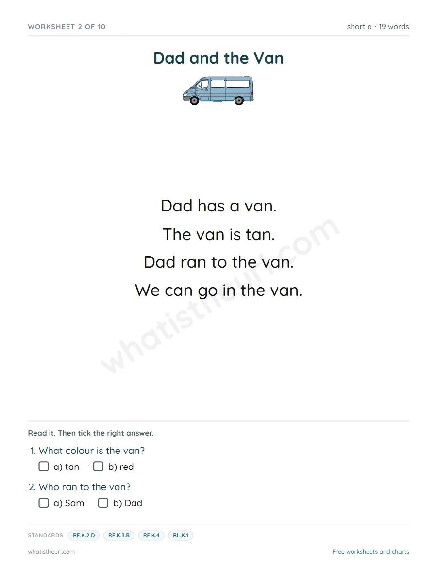 Kindergarten short a reading comprehension worksheet - Dad and the Van
