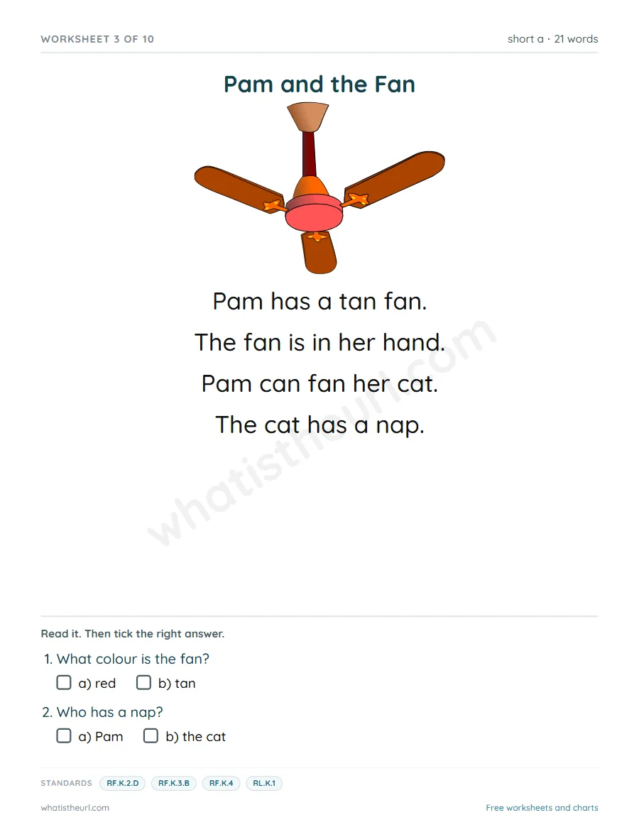 Kindergarten short a reading comprehension worksheet - Pam and the Fan