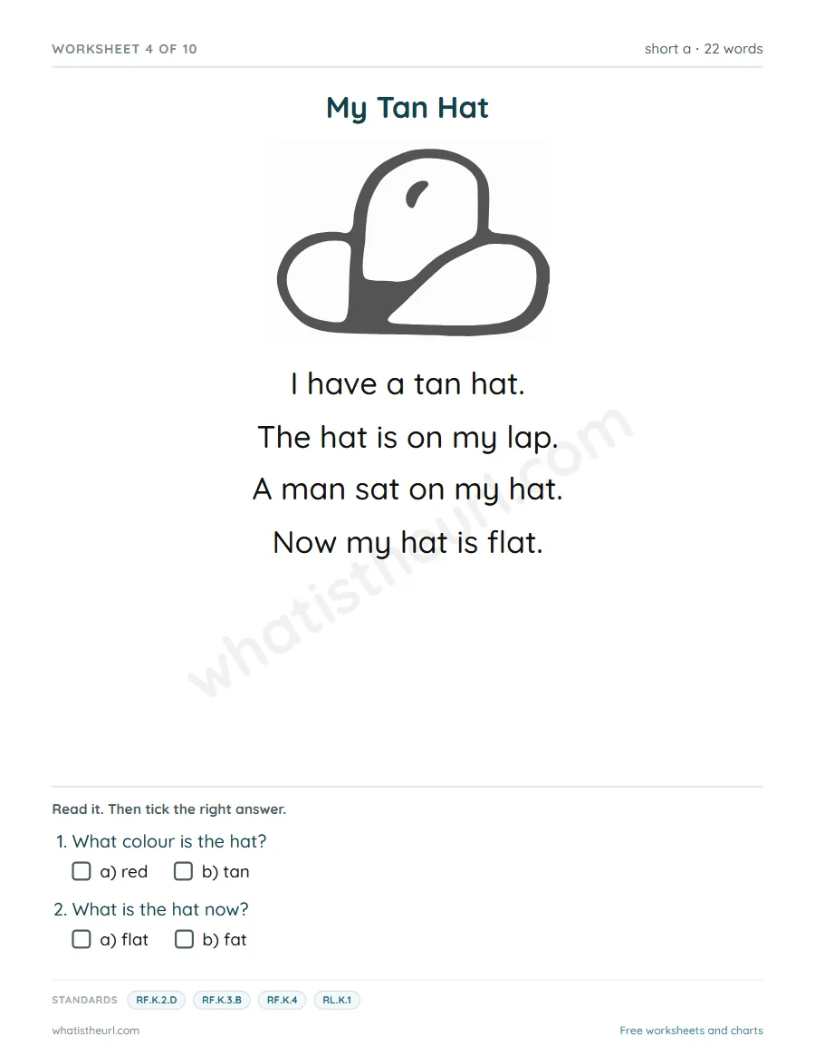 Kindergarten short a reading comprehension worksheet - My Tan Hat