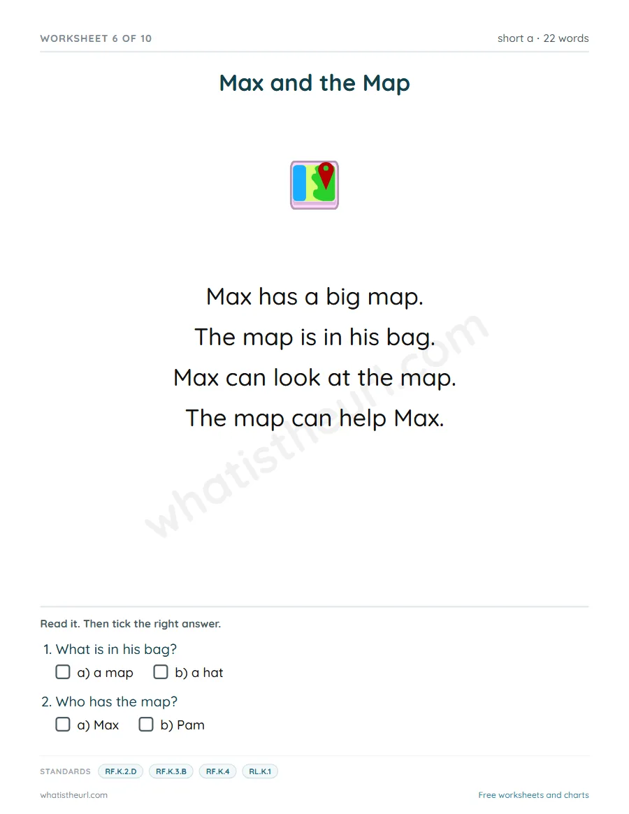 Kindergarten short a reading comprehension worksheet - Max and the Map