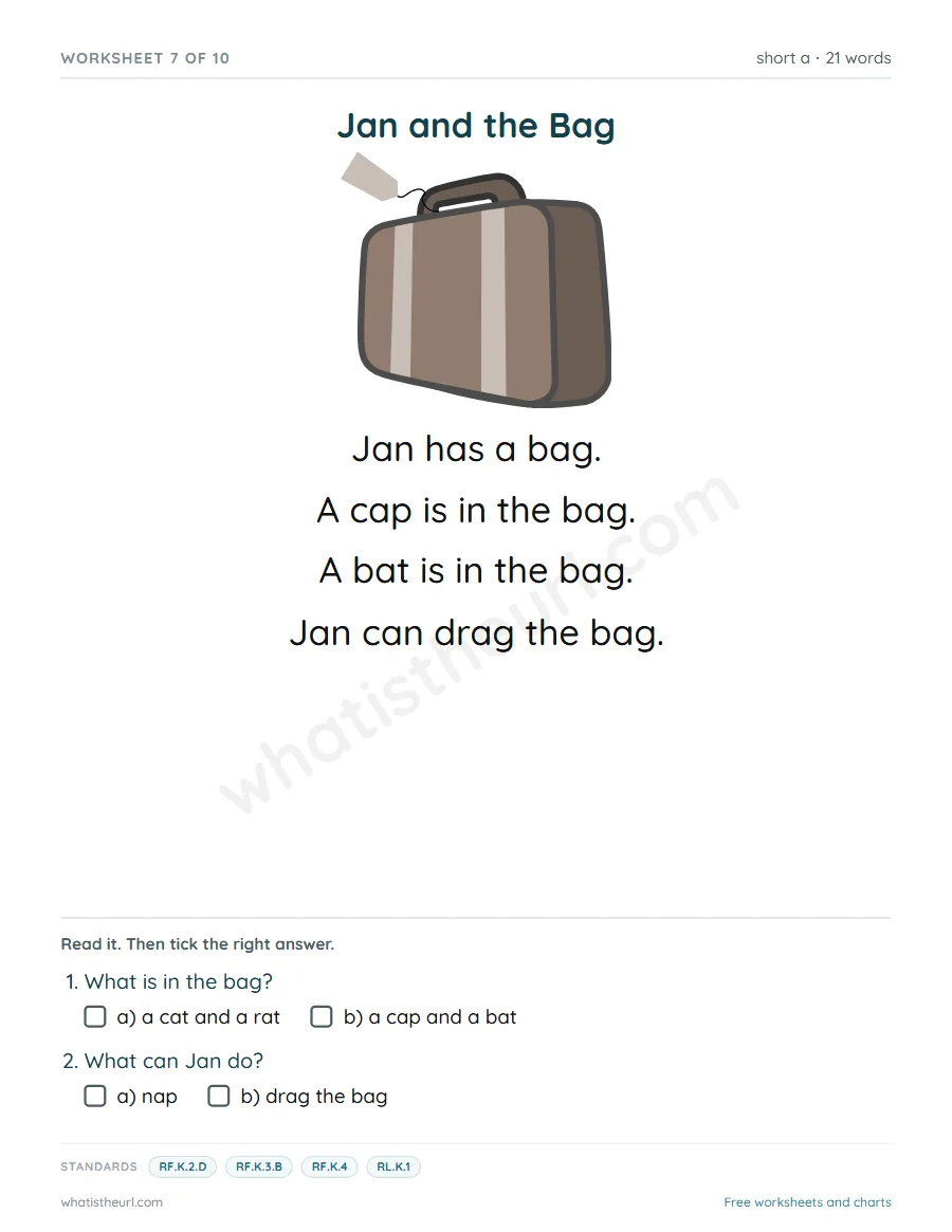 Kindergarten short a reading comprehension worksheet - Jan and the Bag