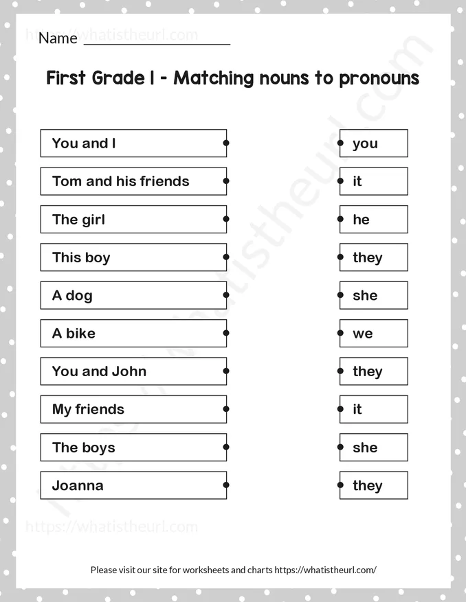 1st Grade Matching Nouns to Pronouns Worksheets