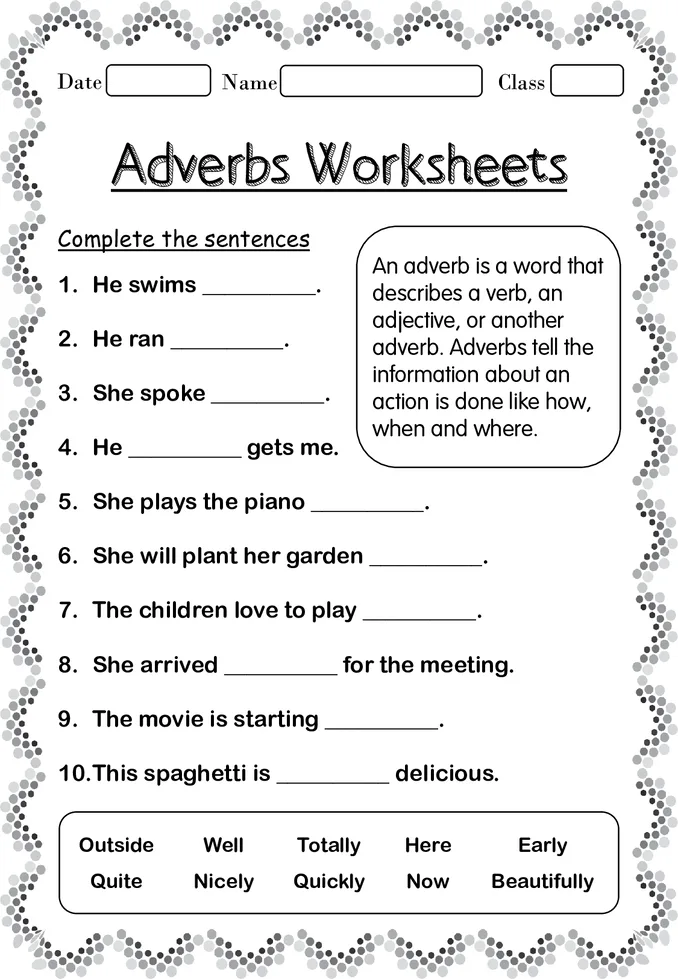 Printable Adverb worksheets for 2nd Grade