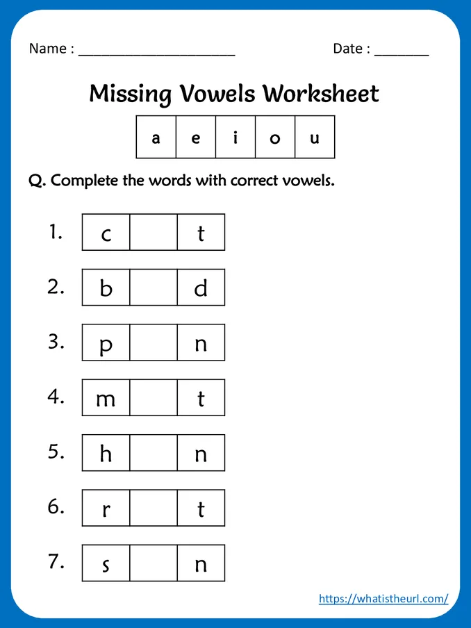 Missing Vowels Worksheets For 1st Grade