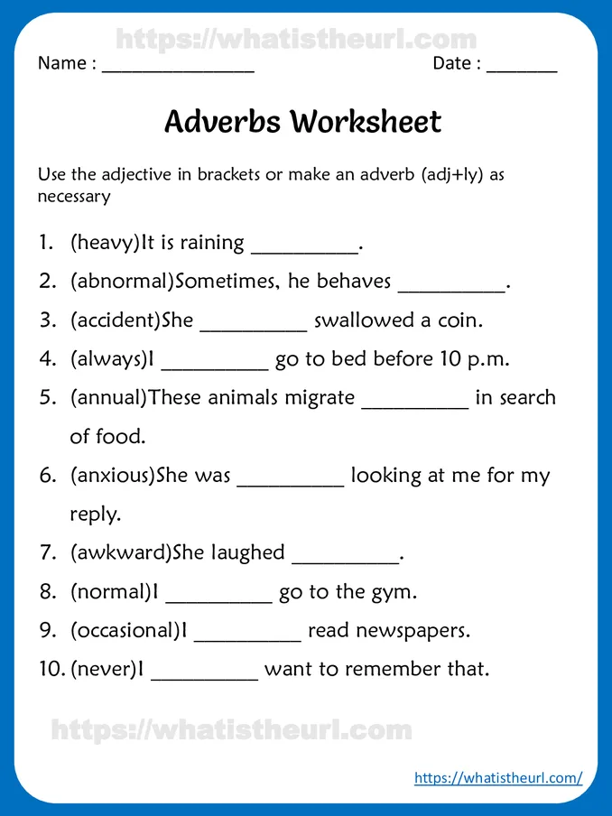 Adverbs Worksheets for 4th Grade