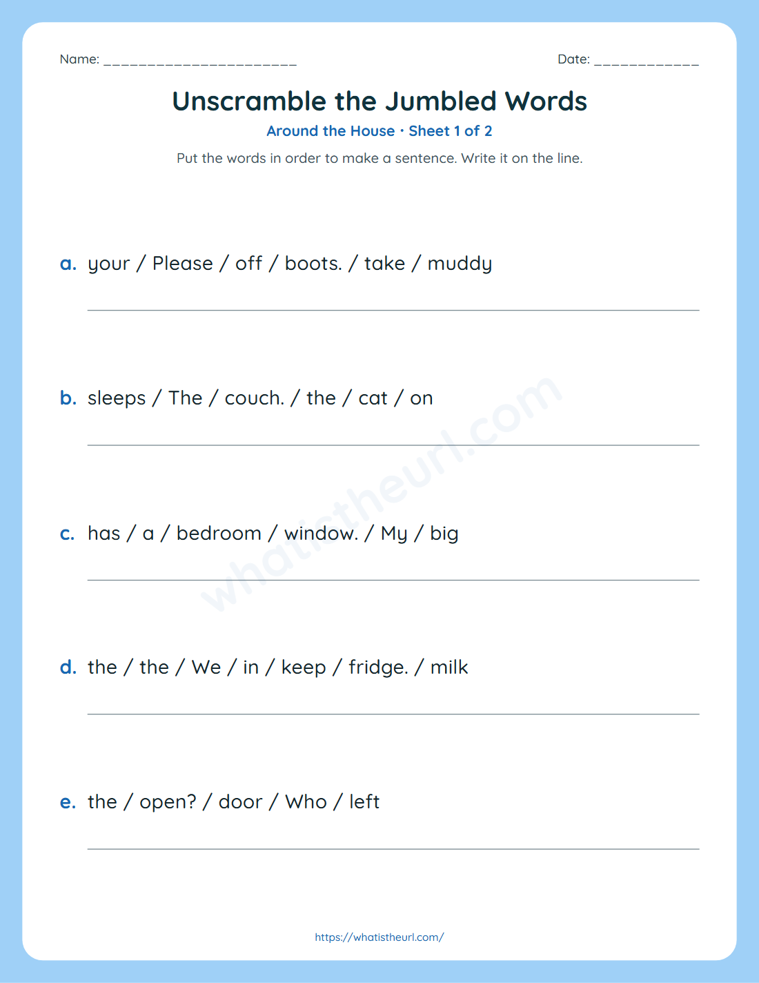 Unscramble the jumbled words worksheet for grade 2 - around the house
